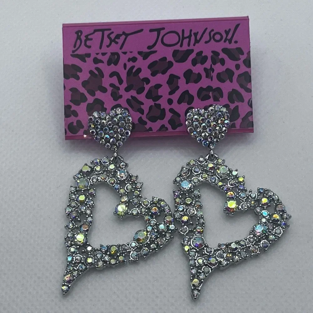 EARRINGS! Betsey Johnson Heart AB Crystal Post Dangle Earrings BNWT